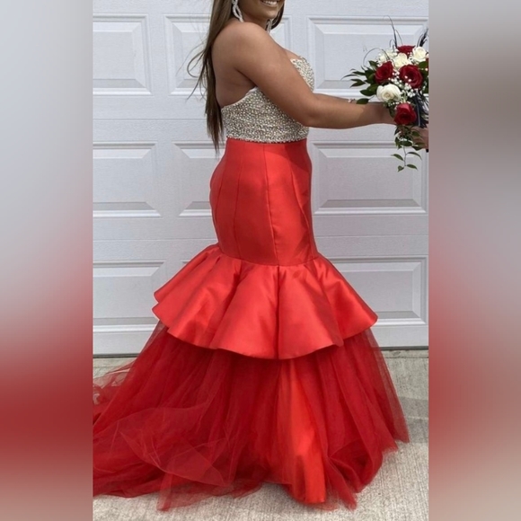 Tiffany Champagne strapless rhinestone embellished red mermaid prom gown 16 - Picture 6 of 7